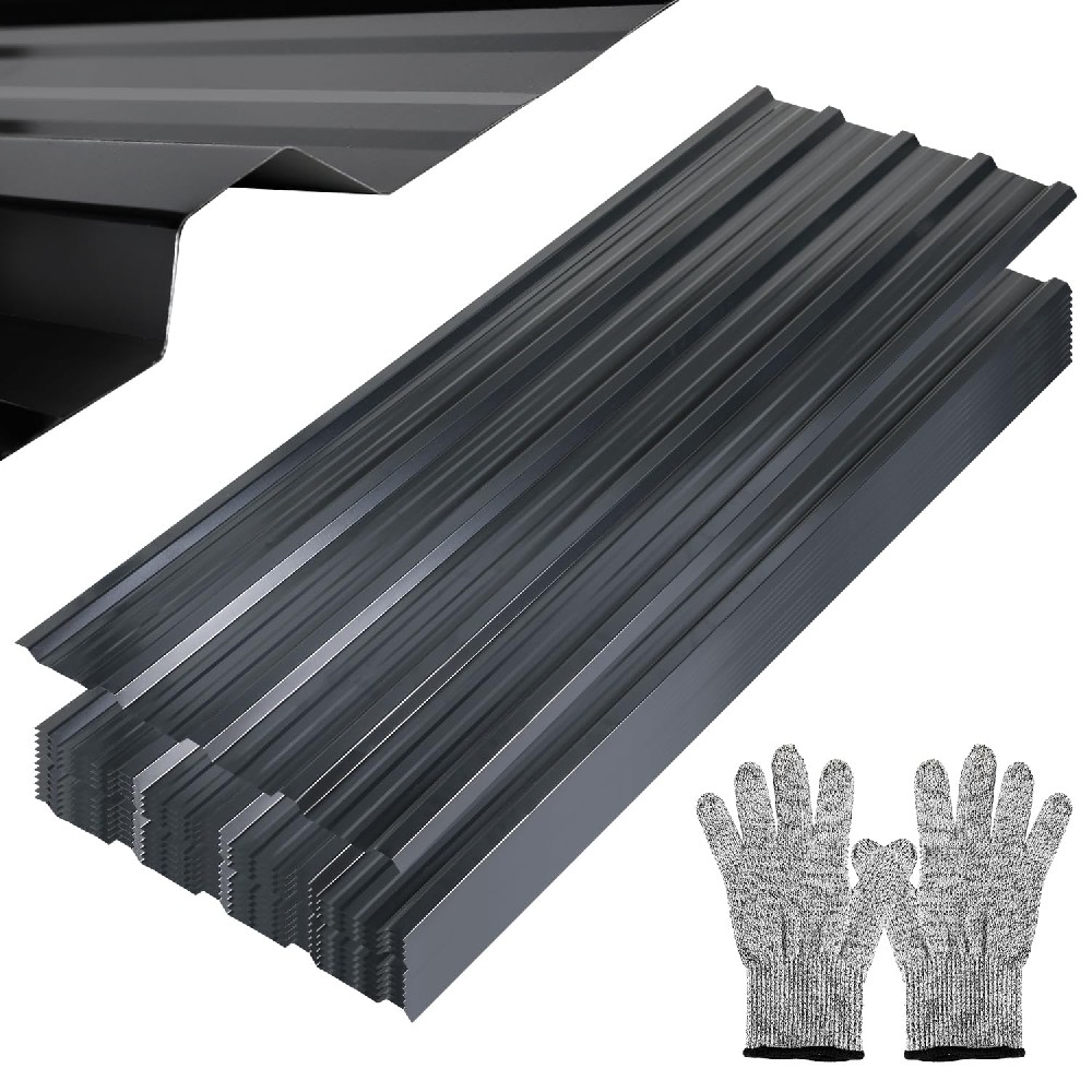 Cozykimo Ansobea Lot de 12 tôles trapézoïdales 129 x 46 cm, 7 m², tôle ondulée galvanisée 0,25 mm résistante à la rouille, avec gants, tôle ondulée pour abri de voiture, anthracite