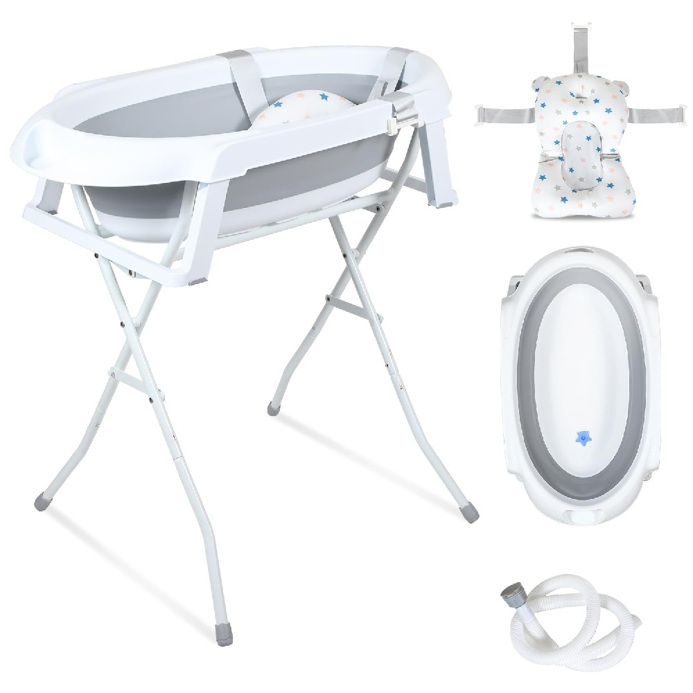 Cozykimo Ansobea Baignoire pour bébé avec support, pliable, avec support antidérapant, tapis de bain, insert de bain pour nouveau-né, gris
