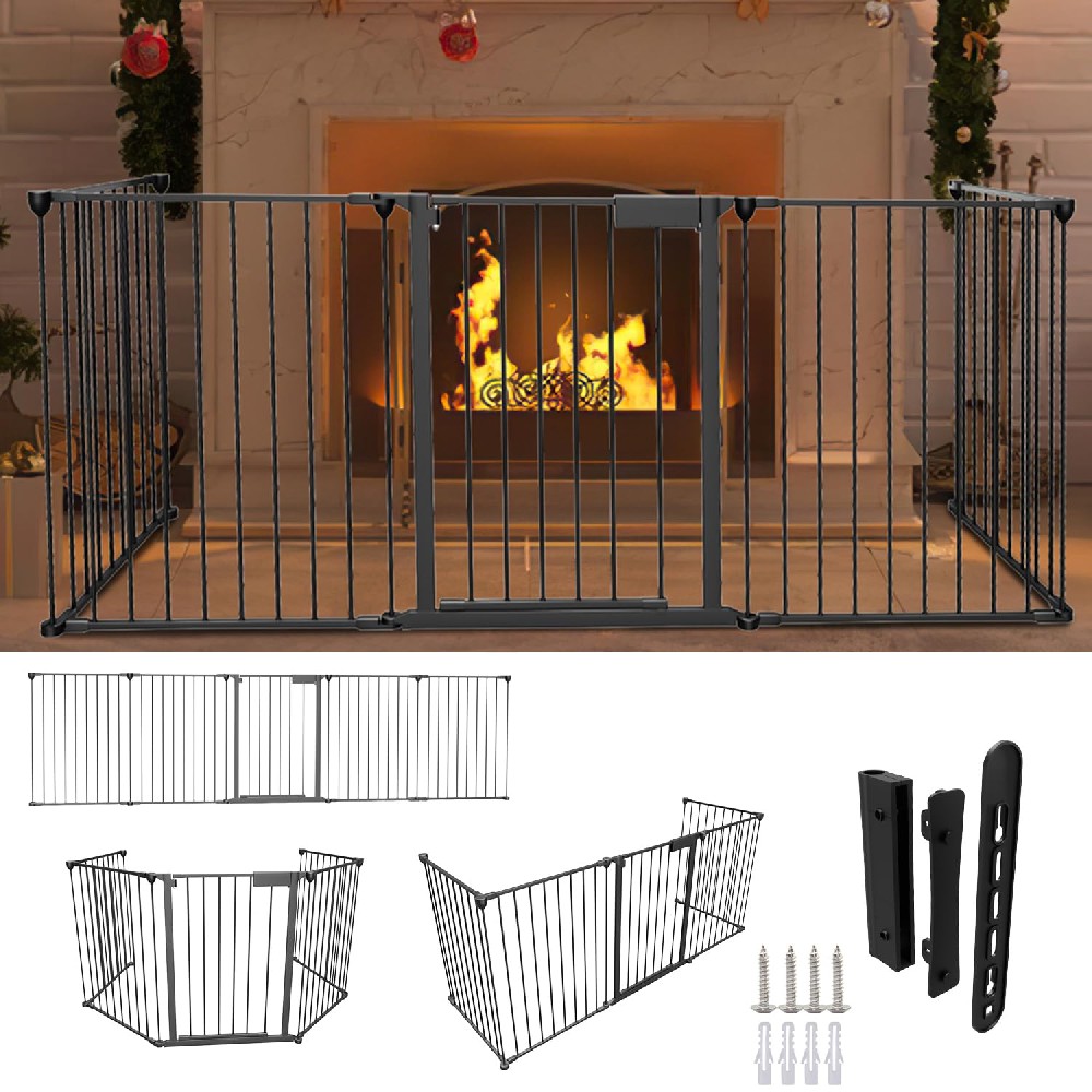 Cozykimo Ansobea Barrière de Protection de cheminée avec Porte de 310 cm en métal - Pliable et 5 pièces - avec Serrure de Porte - pour Enfants et Animaux domestiques - Noir