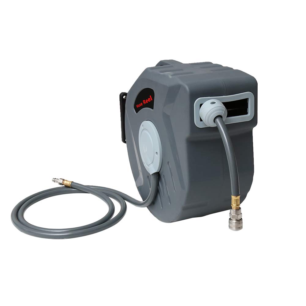 Cozykimo Ansobea Tuyau à air comprimé, 20 m, enrouleur automatique de tuyau à air comprimé, raccord rapide 1/4”, support mural pour compresseur, atelier Gris