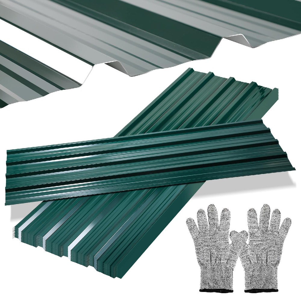 Cozykimo Ansobea Trapezoidal Sheet 129 x 46 cm, 7 m², 0.25 mm Galvanised Corrugated Sheet Rust Resistant with Gloves, Carport Corrugated Sheet, Green, Pack of 12